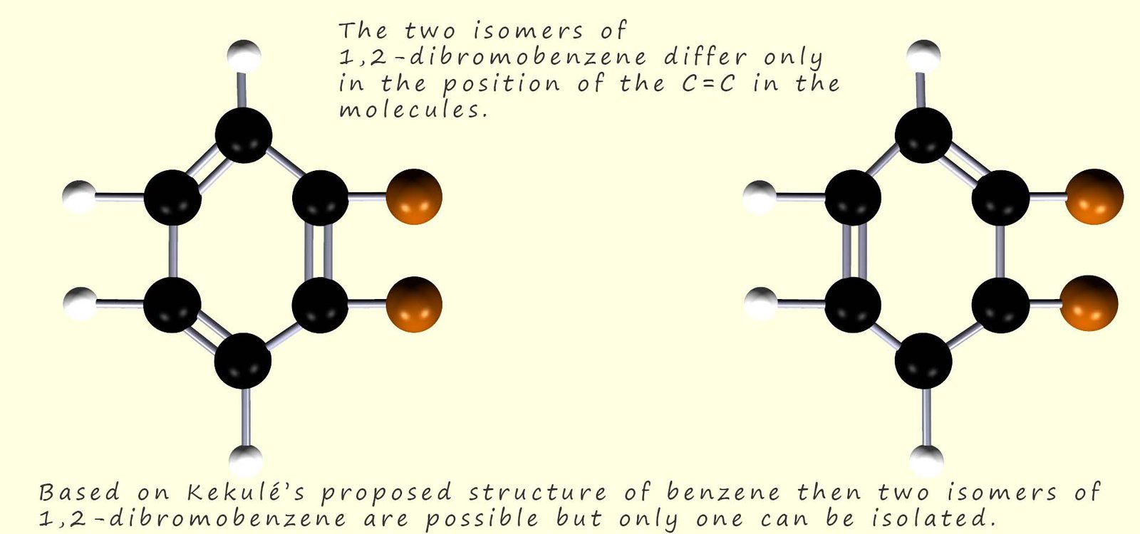 3d models to show the structure of the two isomers of 1,2-dibromobenzene based on Kekule's proposed structure of benzene